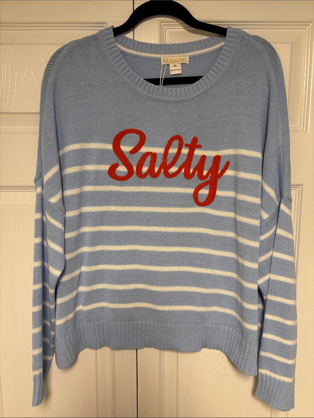 Shiraleah Blue & White Striped Crew Sweater with Red 'Salty' Script